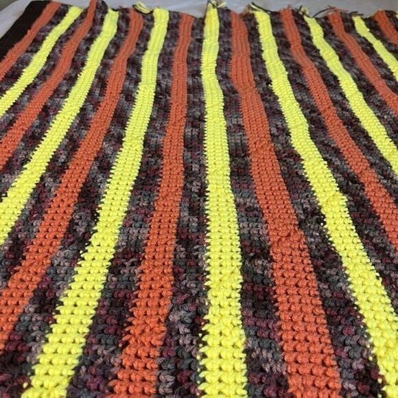 70s Vintage Diamond Crochet Knitted Afghan Blanket Brown Orange Yellow Retro￼ - Picture 6 of 12